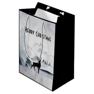 Majestic Reindeer Grey Waterverf Merry Kerstmis Medium Cadeauzakje