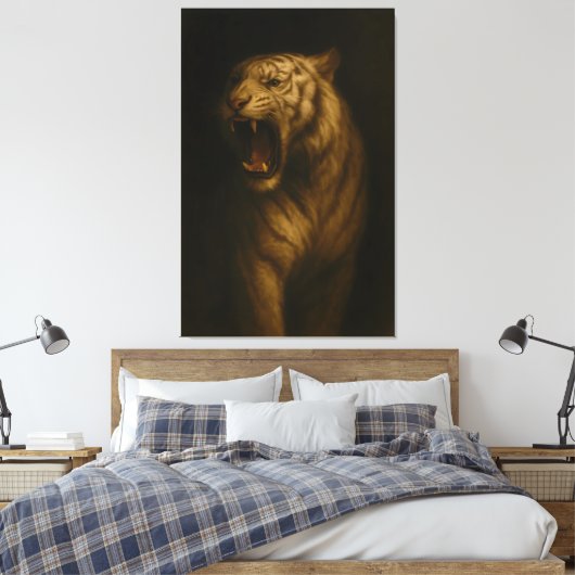 Majestic Roaring White Tiger – Fine Art Canvas (Insitu (Slaapkamer))