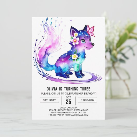 Majestic roze wolf digitale meisje verjaardag kaart (Staand voorkant)