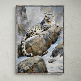 Majestic Sentinel: Sneeuwluipaard op Rock - Schild Poster
