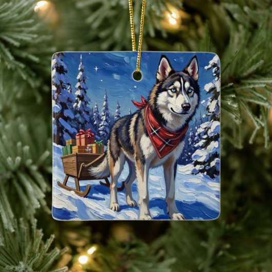 Majestic Siberian Husky Pulling Christmas Sled Keramisch Ornament (Boom)