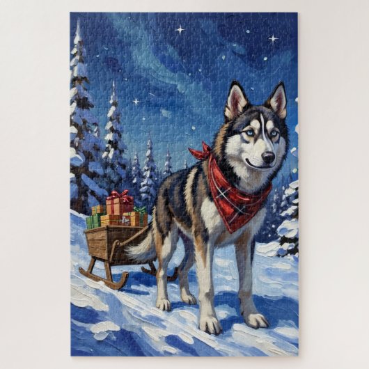 Majestic Siberian Husky Pulling Christmas Sled Legpuzzel (Verticaal)