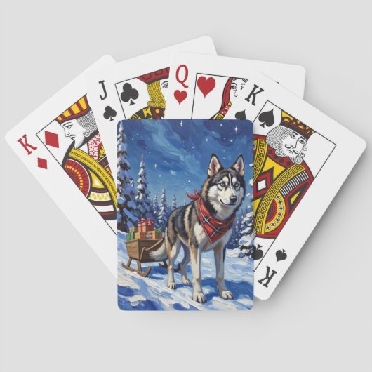 Majestic Siberian Husky Pulling Christmas Sled Pokerkaarten (Achterkant)
