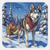 Majestic Siberian Husky Pulling Christmas Sled Vierkante Sticker (Voorkant)