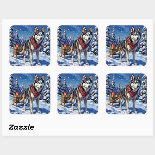 Majestic Siberian Husky Pulling Christmas Sled Vierkante Sticker (Vel)