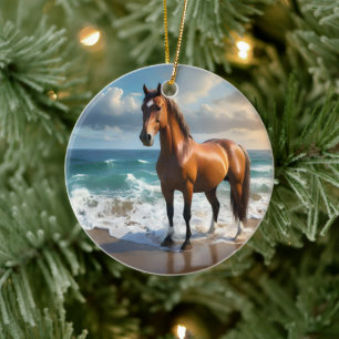 **"Majestic Stride: Trots bruin paard op het stran Keramisch Ornament
