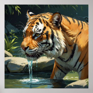 Majestic Tijger Drink Water van River Painting Poster