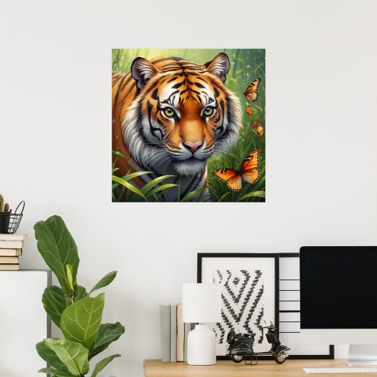 Majestic Tijger met Vlinders in Oerwoud Poster (Thuiskantoor)