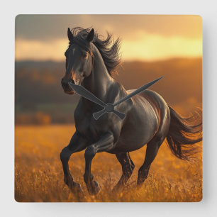 Majestieke Zwarte Hengst Paard Herfst Zonsondergan Vierkante Klok