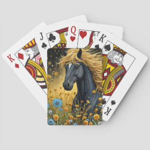 Majestieke zwarte hengst te midden van levendige w pokerkaarten