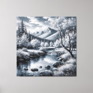 Majestueus berglandschap met rivier, dennenbomen canvas afdruk