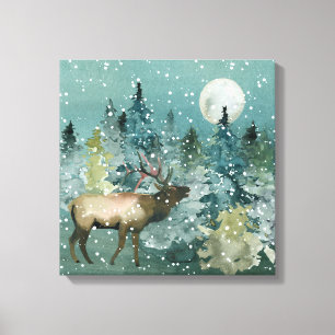 Majestueus eland in bos onder volle maan sneeuwval canvas afdruk