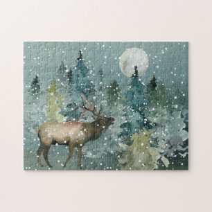 Majestueus eland in bos onder volle maan sneeuwval legpuzzel
