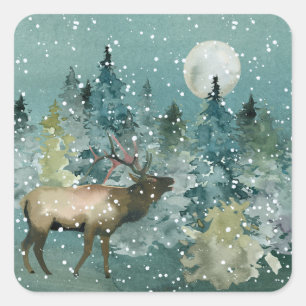 Majestueus eland in bos volle maan sneeuwval vierkante sticker