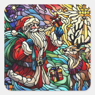 Majestueus Glas in lood Santa en Reindeerts Vierkante Sticker