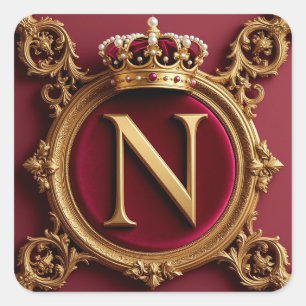 Majestueus gouden monogram met kroon op koninklijk vierkante sticker