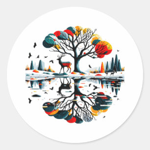 Majestueus hert in besneeuwd winterbos ronde sticker