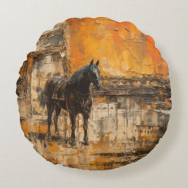 Majestueus Paard in Abstracte zonsondergang Rond Kussen