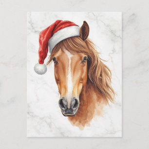 Majestueus paard in kerstmuts aquarel feestdagenkaart