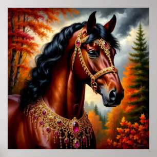 Majestueus paard met sierlijk gouden tuig poster