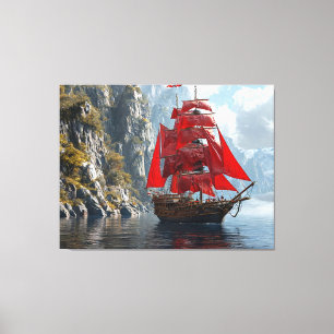 Majestueus Schip Met Rode Zeilen Nabij Steile Rots Canvas Afdruk