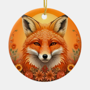 Majestueus Vossenportret Omringd door Herfstbloeme Keramisch Ornament