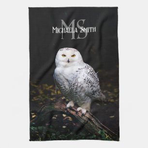Majestueus winter sneeuwuil monogram met eigen naa theedoek