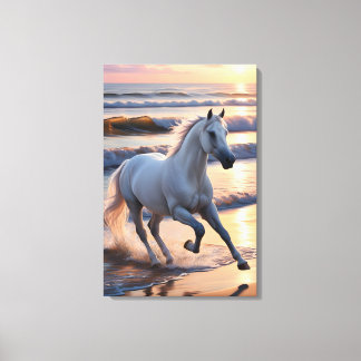 Majestueus wit paard galopperend langs de oceaango canvas afdruk