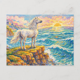 Majestueus wit paard op klif bij zonsondergang aan feestdagenkaart