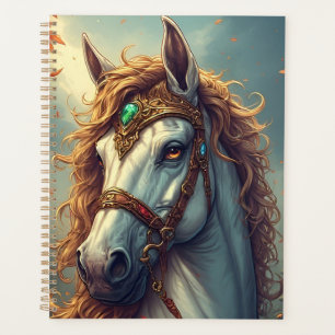 Majestueus wit paard versierd met gouden juwelen planner