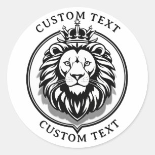 Majestueus zwart cirkel leeuw kuif logo met kroon ronde sticker