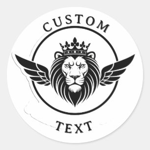 Majestueus zwart cirkel leeuw kuif logo met kroon ronde sticker