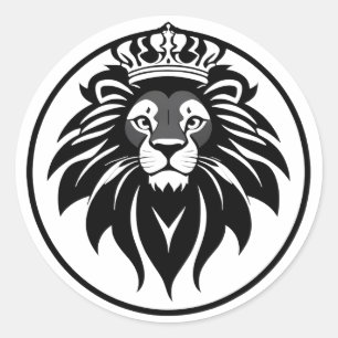 Majestueus zwart cirkel leeuw kuif logo met kroon ronde sticker