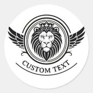 Majestueus zwart cirkel leeuw kuif logo met kroon ronde sticker