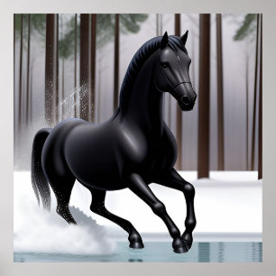 Majestueus zwart paard dat door een besneeuwde win poster
