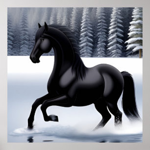 Majestueus zwart paard dat paradeert op een besnee poster