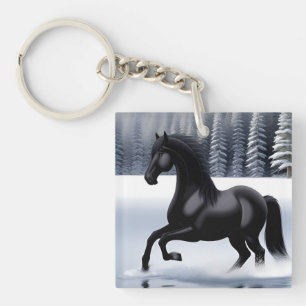 Majestueus zwart paard dat paradeert op een besnee sleutelhanger
