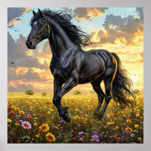 Majestueus zwart paard galopperend door een levend poster
