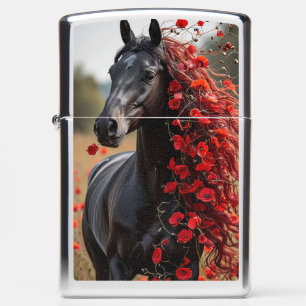 Majestueus zwart paard in bloemrijk veld
