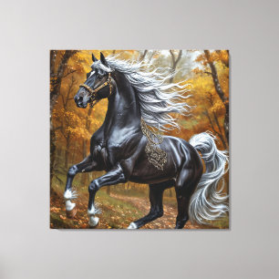 Majestueus zwart paard in een herfstbos canvas afdruk