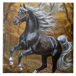 Majestueus zwart paard in een herfstbos tegeltje