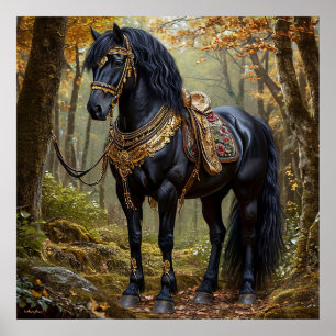 Majestueus zwart paard in weelderige gouden versie poster