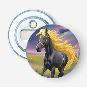 Majestueus zwart paard met golvende gouden manen button flesopener