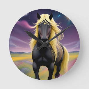 Majestueus zwart paard met golvende gouden manen ronde klok