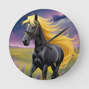 Majestueus zwart paard met golvende gouden manen ronde klok