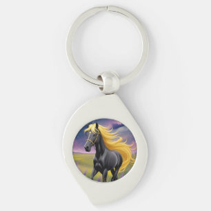 Majestueus zwart paard met golvende gouden manen sleutelhanger