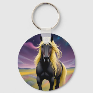 Majestueus zwart paard met golvende gouden manen sleutelhanger