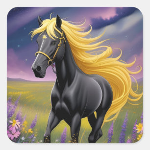 Majestueus zwart paard met golvende gouden manen vierkante sticker