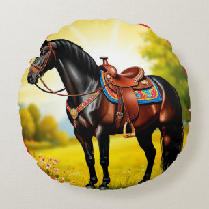 Majestueus zwart paard met zadel rond kussen
