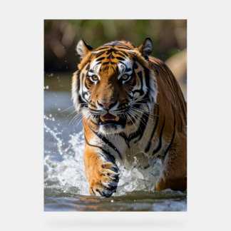 Majestueux tigre courant à travers l'eau